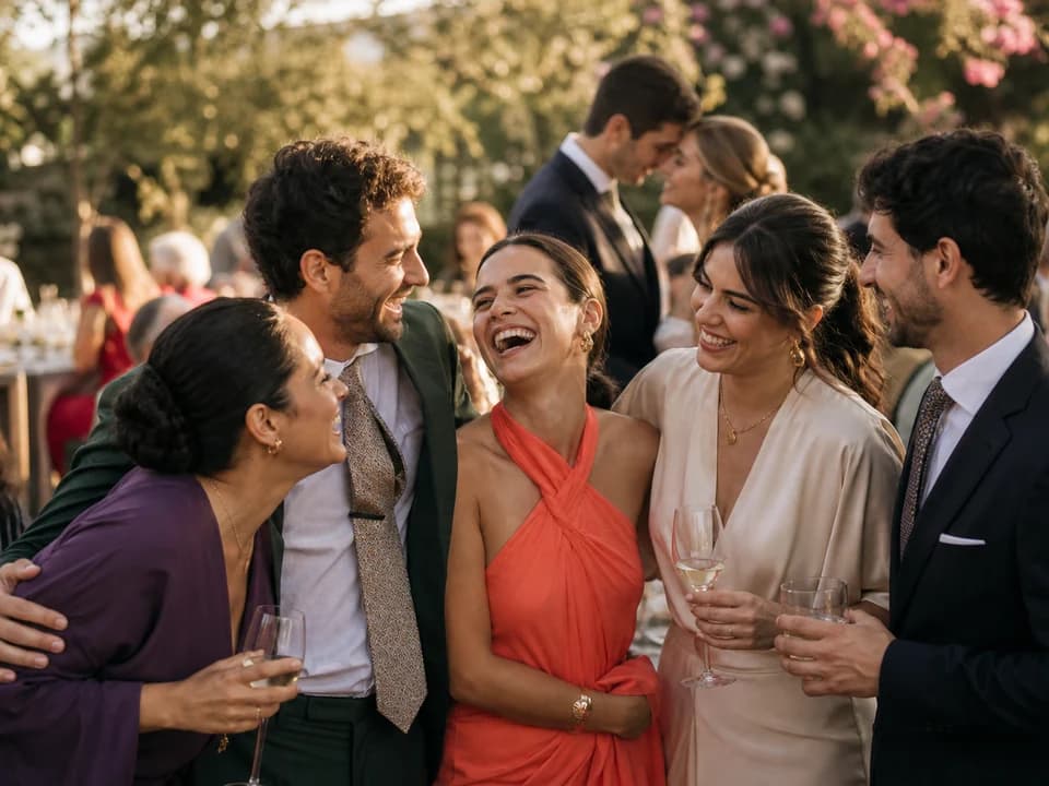 Invitados compartiendo fotos de una boda